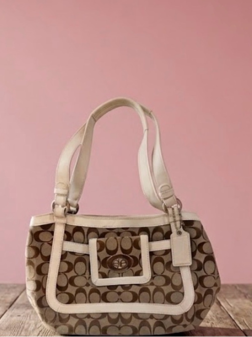 Coach Brown Signature Canvas Shoulder Bag with Cream Trim